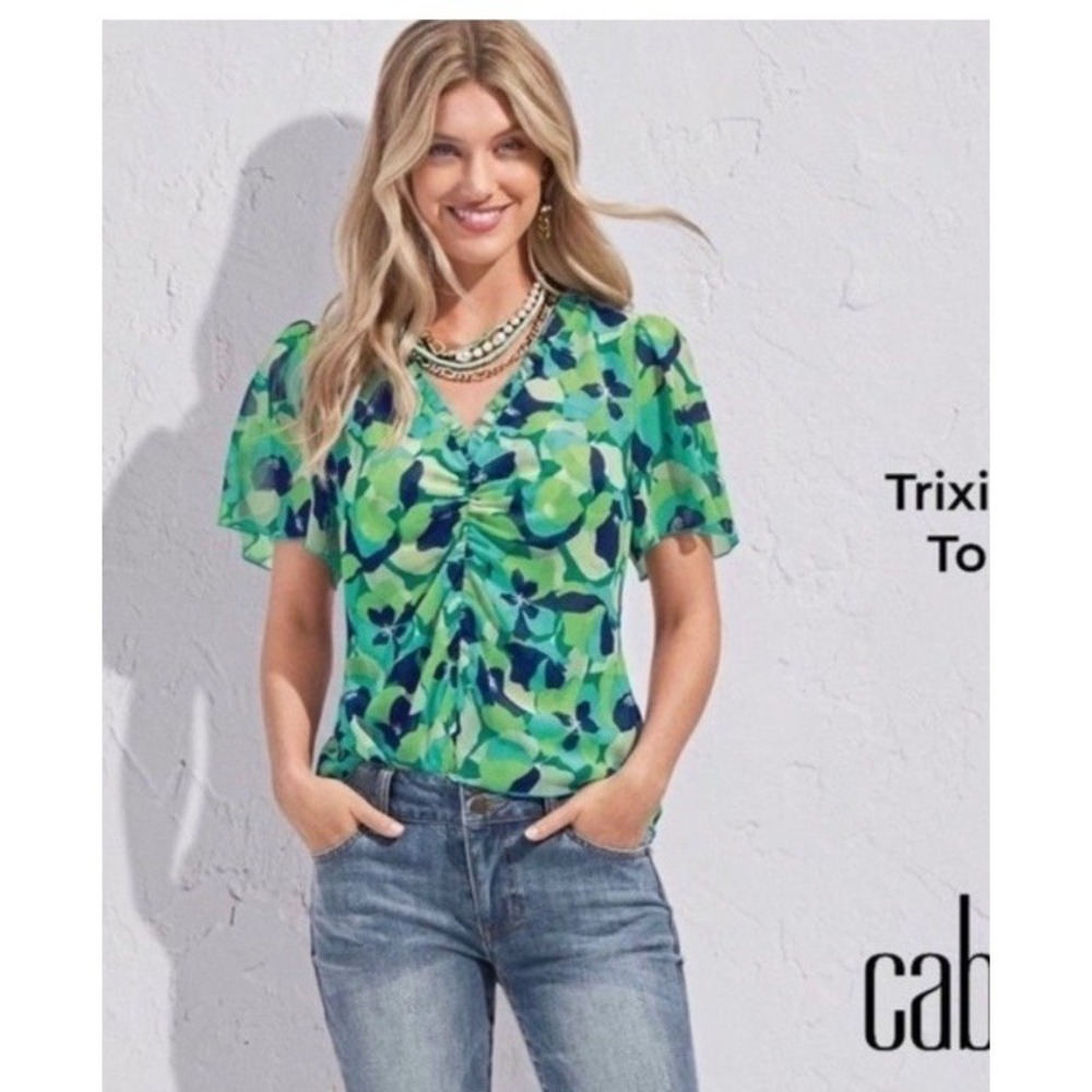 CAbi 6087 Trixie Top Green Blue Floral Ruched V-Neck Blouse Womens Size Medium